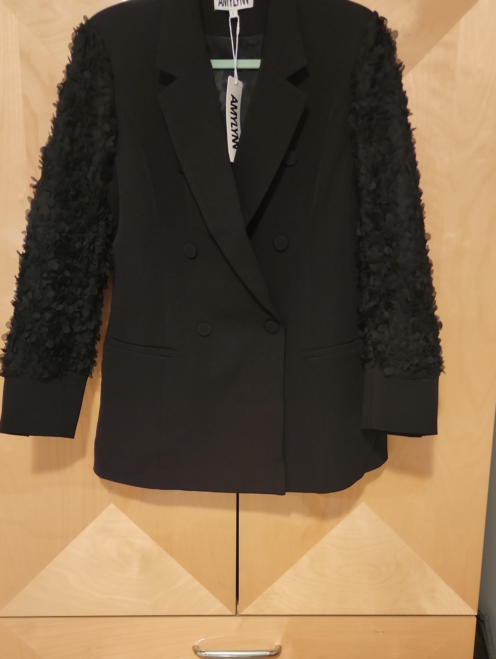 Amylynn Double-Breasted Black Blazer With Floral Applique Sleeves